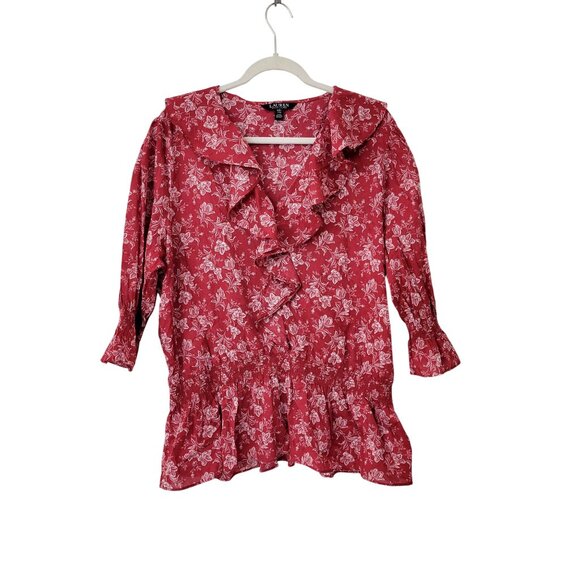Lauren Ralph Lauren Womens XXL Red & White Floral Ruffle Blouse 3/4 Sleeves Ligh - Picture 6 of 6